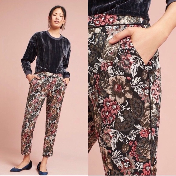 Anthropologie Maeve Jacquard Floral Metallic Slim Trousers - Picture 4 of 12